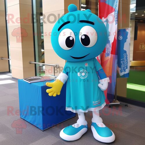 Personnage De Costume De Mascotte Redbrokoly De Ballon De Football Turquoise Habillé D'une Jupe Crayon Et D'écharpes