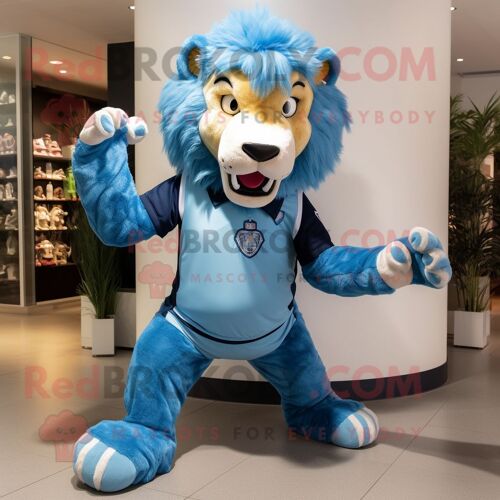 Personnage De Costume De Mascotte Redbrokoly Blue Tamer Lion Habillé Avec Un Tee-Shirt Henley Et Des Coussinets De Pied