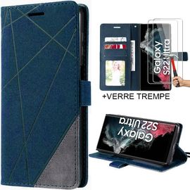 Coque pour Samsung Galaxy S22 Ultra - Support Bleu Marine Effet Cuir et 2 Verres Trempés - BOOLING