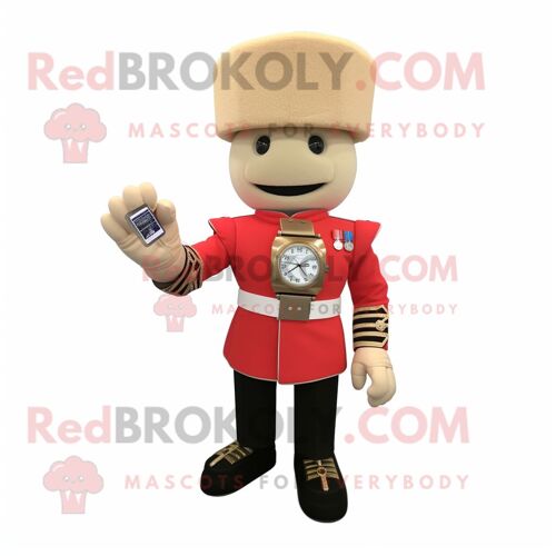 Personnage De Costume De Mascotte Redbrokoly De La Garde Royale Britannique Beige Habillé D'un T-Shirt Graphique Et De Montres Bracelet