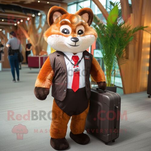Personnage De Costume De Mascotte Redbrokoly De Panda Rouge Brun Habillé D'un Costume Et De Sacs À Dos