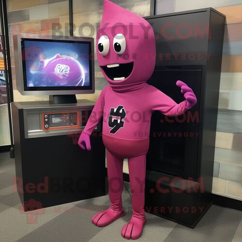 Personnage De Costume De Mascotte Redbrokoly De Télévision Magenta Habillé D'un T-Shirt À Manches Longues Et De Pinces À Chaussures
