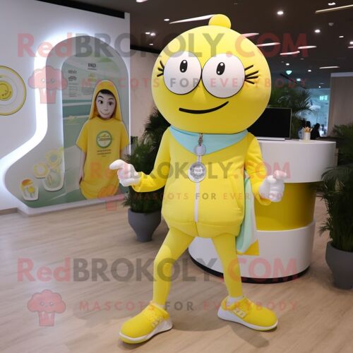 Personnage De Costume De Mascotte Redbrokoly De Médecin Jaune Citron Habillé D'un Pantalon De Yoga Et D'épingles À Cheveux
