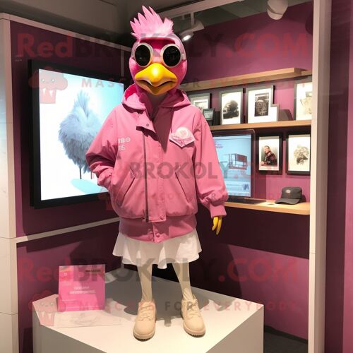 Personnage De Costume De Mascotte Redbrokoly De Poules Roses Habillé D'un Coupe-Vent Et De Broches
