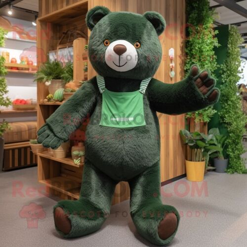 Personnage De Costume De Mascotte Redbrokoly D'ours Vert Forêt Habillé Avec Une Salopette Et Des Lacets De Chaussure