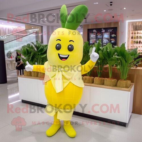 Personnage De Costume De Mascotte Redbrokoly De Radis Jaune Habillé D'une Robe Droite Et De Montres Connectées