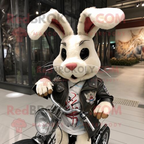 Mascotte Redbrokoly De Personnage De Lapin Sauvage Crème Habillé D'une Veste De Motard Et De Bandeaux