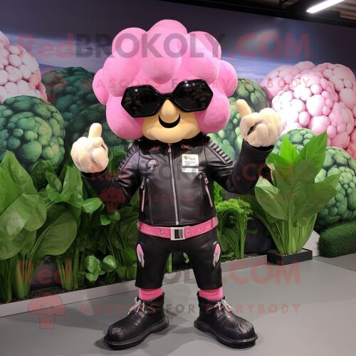 Personnage De Costume De Mascotte Redbrokoly De Chou-Fleur Rose Habillé D'une Veste De Motard Et De Porte-Monnaie