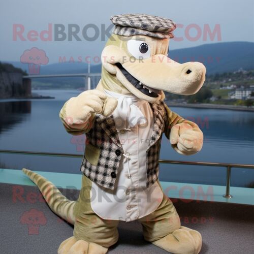 Personnage De Costume De Mascotte Redbrokoly De Monstre Du Loch Ness Beige Habillé D'un Gilet Et De Bérets