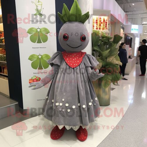 Personnage De Costume De Mascotte Redbrokoly De Fraise Grise Habillé D'une Robe Taille Empire Et De Bracelets De Cheville