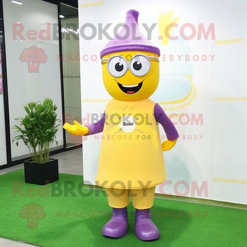 Personnage De Costume De Mascotte Redbrokoly Bouteille De Lavande De Moutarde Habillé Avec Un Pantalon Habillé Et Des Lunettes