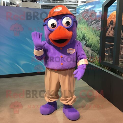 Personnage De Costume De Mascotte Redbrokoly De Poisson Clown Violet Habillé D'une Chemise Boutonnée Et De Lunettes