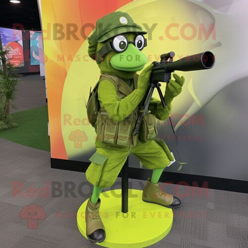 Personnage De Costume De Mascotte Redbrokoly De Tireur D'élite Vert Citron Vêtu D'une Jupe Circulaire Et De Lunettes De Lecture