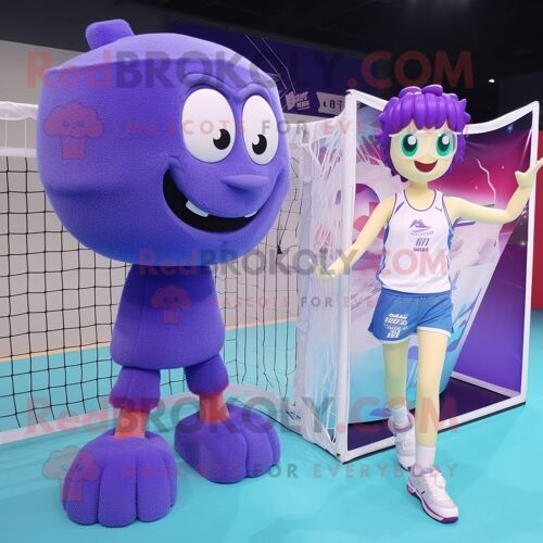 Personnage De Costume De Mascotte Redbrokoly De Filet De Volley-Ball Lavande Habillé D'une Culotte Et De Montres Numériques