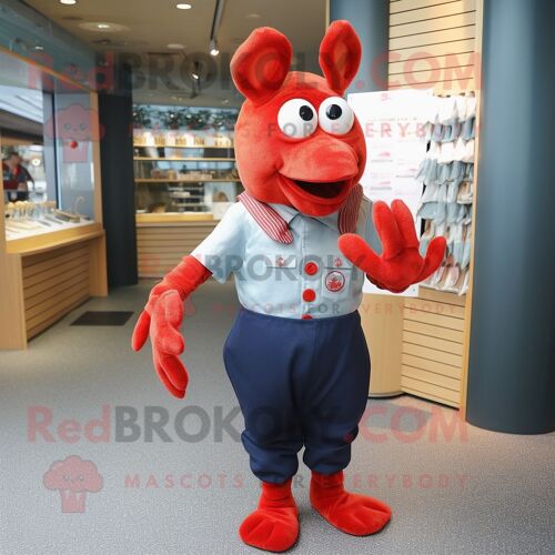 Personnage De Costume De Mascotte Redbrokoly De Homard Habillé D'une Chemise Boutonnée Et De Ceintures