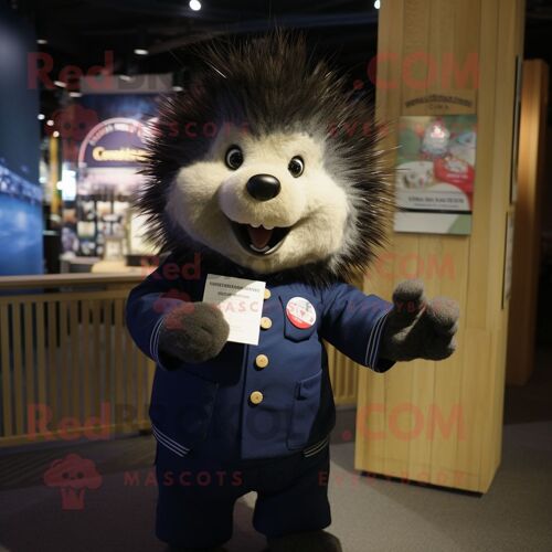 Personnage De Costume De Mascotte Redbrokoly De Porc-Épic Bleu Marine Habillé D'une Chemise Boutonnée Et De Portefeuilles