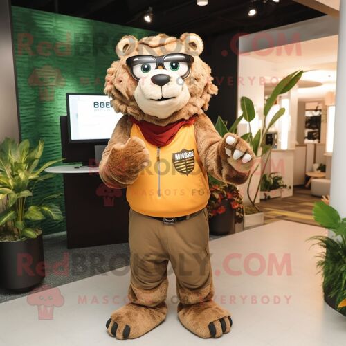 Personnage De Costume De Mascotte Redbrokoly De Tigre À Dents De Sabre Olive Vêtu D'un Col Roulé Et De Lunettes