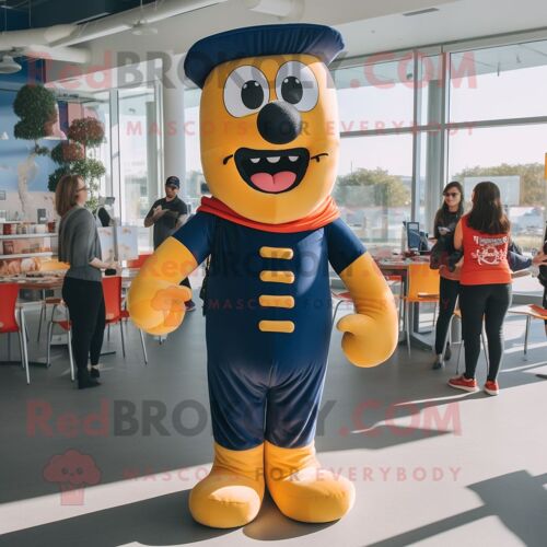 Personnage De Costume De Mascotte Redbrokoly Hot Dog Bleu Marine Habillé D'un Body Et De Sacs À Dos