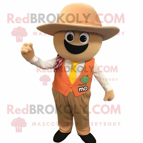 Personnage De Costume De Mascotte Redbrokoly Tan Mango Habillé D'un Pantalon En Velours Côtelé Et De Broches