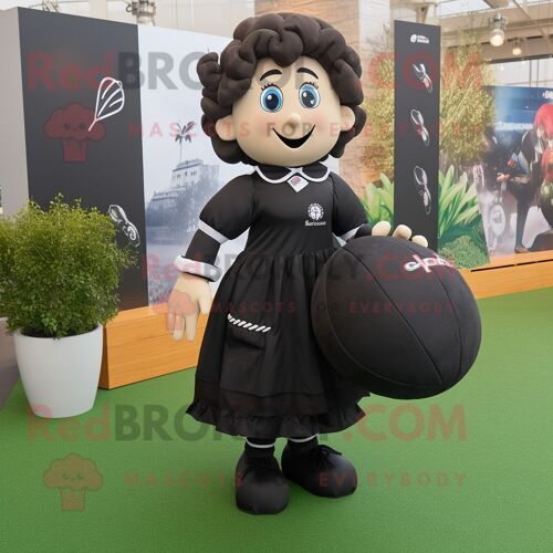 Mascotte Redbrokoly De Personnage De Ballon De Rugby Noir Habillé D'une Robe Et De Sacs Fourre-Tout
