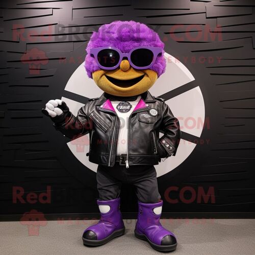 Personnage De Costume De Mascotte Redbrokoly Wellington Beef Lavande Habillé D'une Veste De Motard Et De Montres Bracelet