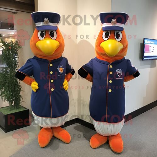 Personnage De Costume De Mascotte Redbrokoly De Poulet Au Beurre Bleu Marine Habillé D'une Robe Fourreau Et De Montres Intelligentes