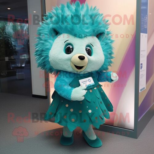 Personnage De Costume De Mascotte Redbrokoly De Hérisson Bleu Sarcelle Habillé D'une Jupe Portefeuille Et De Bandeaux