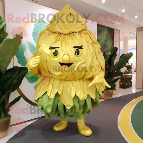 Personnage De Costume De Mascotte Redbrokoly De Feuille De Chou Doré Habillé D'un Pantacourt Et De Broches