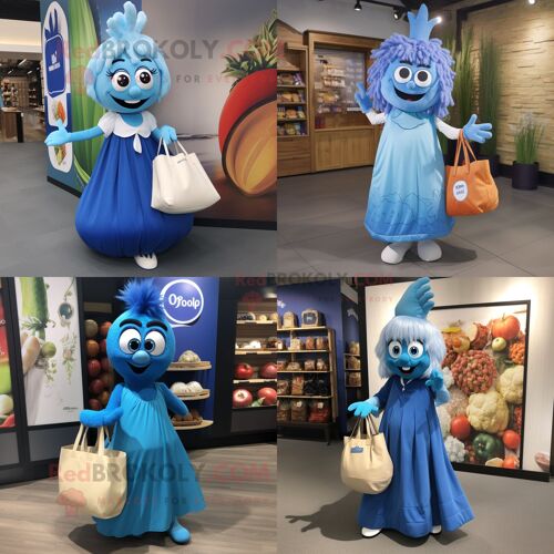 Personnage De Costume De Mascotte Redbrokoly D'oignon Bleu Habillé Avec Une Robe Longue Et Des Sacs Fourre-Tout