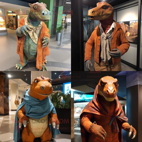 Personnage De Costume De Mascotte Redbrokoly Iguanodon Rouille Habillé Avec Des Épingles Jeans Et Châle