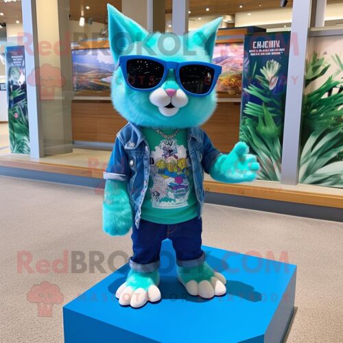 Personnage De Costume De Mascotte Redbrokoly De Chat Turquoise Habillé D'un Bermuda Et De Lunettes De Soleil