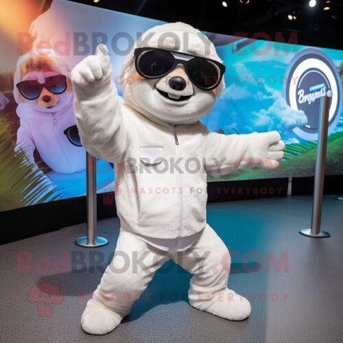 Mascotte Redbrokoly De Personnage De Paresseux Blanc Vêtu D'un Body Et De Lunettes De Soleil