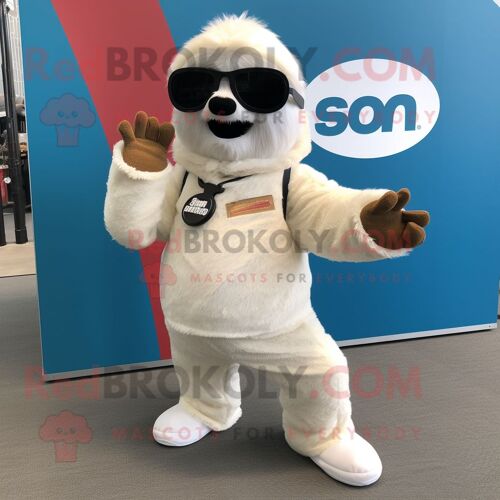 Mascotte Redbrokoly De Personnage De Paresseux Blanc Vêtu D'un Body Et De Lunettes De Soleil