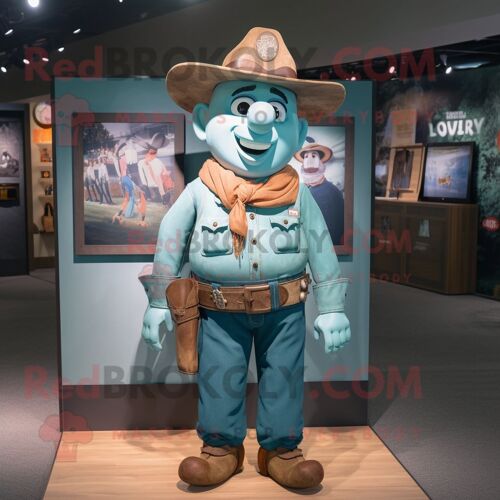 Personnage De Costume De Mascotte Redbrokoly Teal Cowboy Habillé D'une Chemise Henley Et De Bretelles