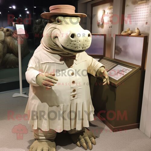Mascotte Redbrokoly De Personnage D'hippopotame Beige Vêtu D'une Jupe Plissée Et D'épingles À Chapeau
