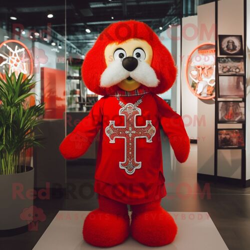 Personnage De Mascotte Redbrokoly De La Croix Celtique Rouge Habillé D'un T-Shirt Et D'épinglettes