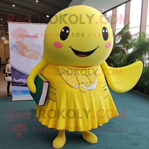 Personnage De Costume De Mascotte Redbrokoly De Baleine Jaune Citron Habillé D'une Jupe Longue Et De Portefeuilles
