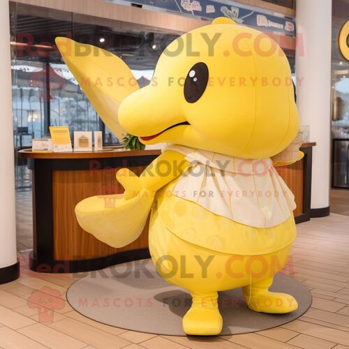 Personnage De Costume De Mascotte Redbrokoly De Baleine Jaune Citron Habillé D'une Jupe Longue Et De Portefeuilles