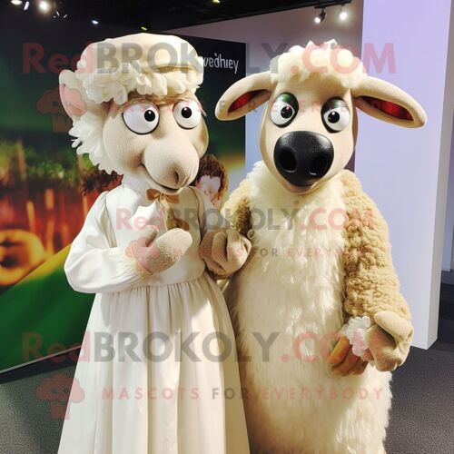 Mascotte Redbrokoly De Personnage De Bélier Beige Habillé D'une Robe De Mariée Et De Mitaines