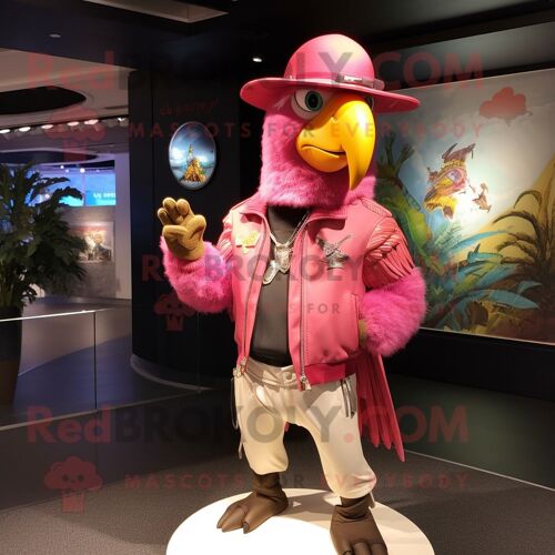 Personnage De Costume De Mascotte Redbrokoly D'ara Rose Habillé D'une Veste En Cuir Et D'épingles À Chapeau