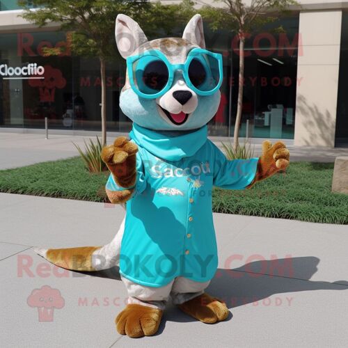 Personnage De Costume De Mascotte Redbrokoly D'écureuil Volant Turquoise Vêtu D'une Jupe Longue Et De Lunettes De Soleil