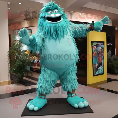 Personnage De Costume De Mascotte Redbrokoly Teal Sasquatch Habillé Avec Un Pantacourt Et Des Pinces À Chaussures