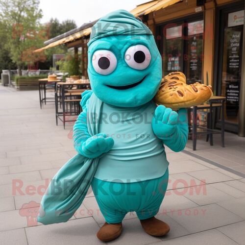 Personnage De Costume De Mascotte Redbrokoly De Croissant Turquoise Habillé Avec Des Clips De Chemise Et D'écharpe En Popeline