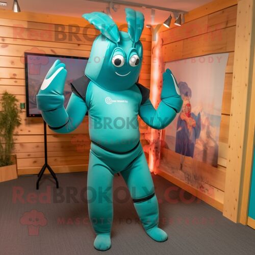 Personnage De Costume De Mascotte Redbrokoly De Homard Bleu Sarcelle Habillé D'un Pantalon De Yoga Et De Bandeaux