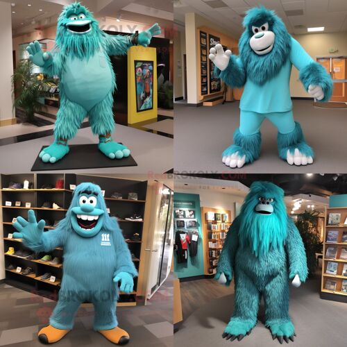 Personnage De Costume De Mascotte Redbrokoly Teal Sasquatch Habillé Avec Un Pantacourt Et Des Pinces À Chaussures
