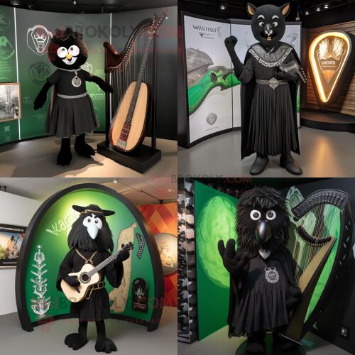 Personnage De Costume De Mascotte Redbrokoly De Harpe Celtique Noire Habillé D'un T-Shirt À Col En V Et De Boutons De Manchette