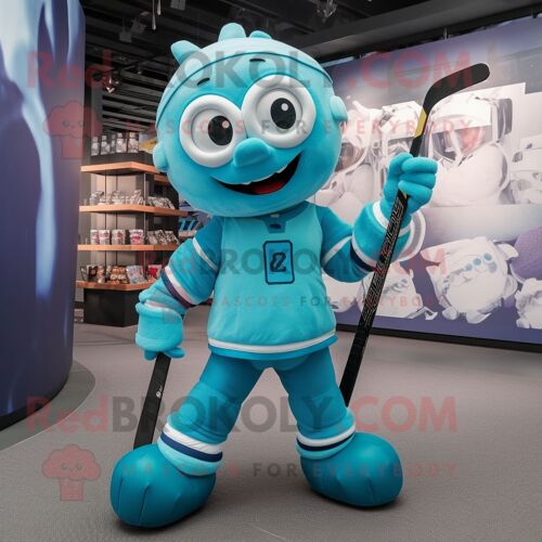 Personnage De Costume De Mascotte Redbrokoly De Bâton De Hockey Sur Glace Cyan Habillé D'un Legging Et D'un Sac À Dos