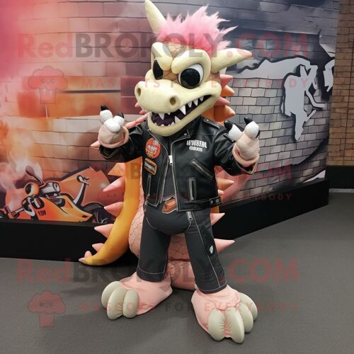 Personnage De Costume De Mascotte Redbrokoly De Dragon De Pêche Habillé D'une Veste De Motard Et De Lacets De Chaussure