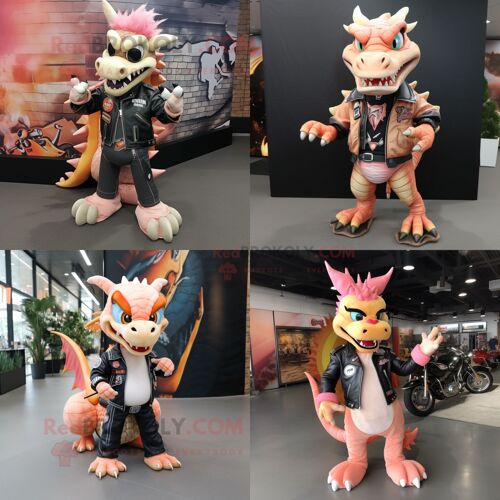 Personnage De Costume De Mascotte Redbrokoly De Dragon De Pêche Habillé D'une Veste De Motard Et De Lacets De Chaussure