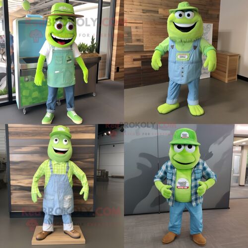Personnage De Costume De Mascotte Redbrokoly De Côtes Levées De Barbecue Vert Citron Vêtu D'une Chemise En Chambray Et De Lacets De Chaussu